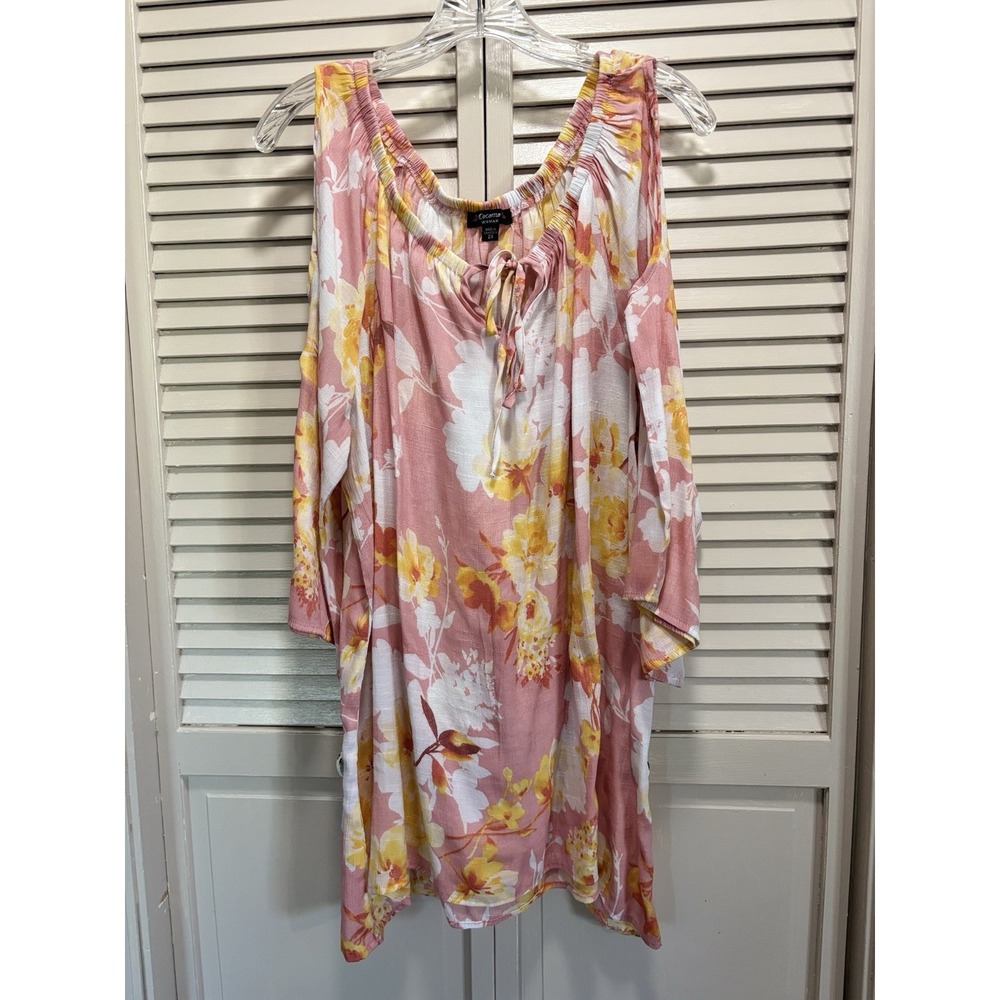 Cocomo Floral Yellow/Pink Cold Shoulder Blouse Size 2XL Ruffle Scoop Tie Neck
